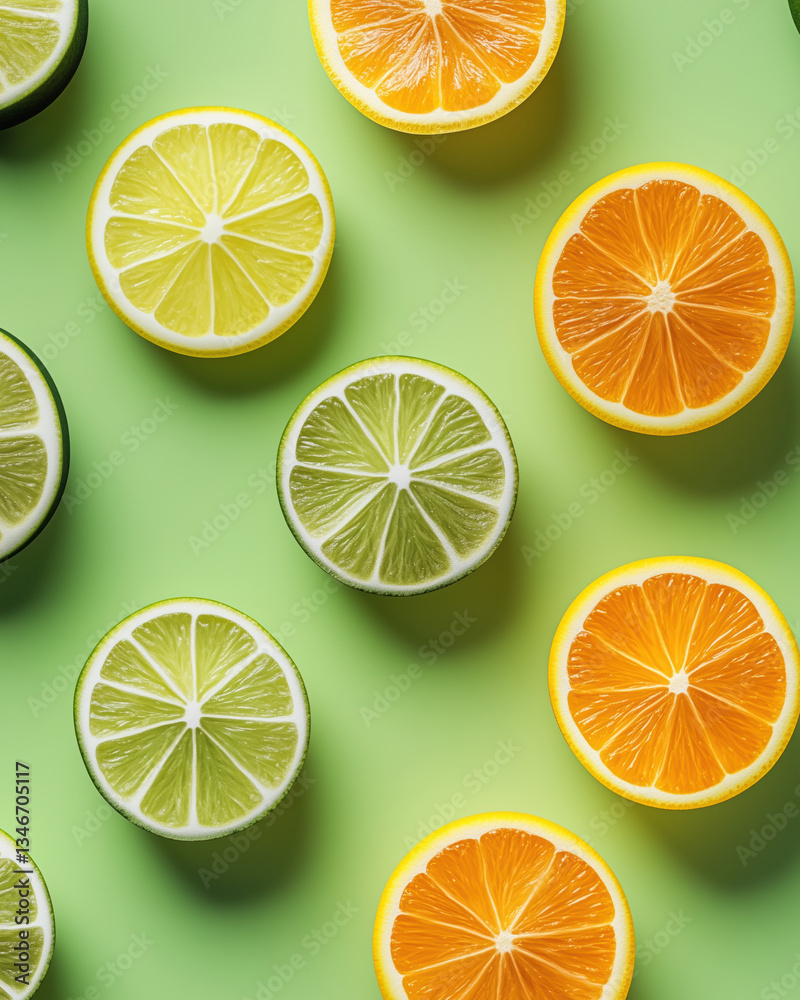Fototapeta premium Perfectly arranged citrus slices of lemon, lime, and orange on a vibrant green background, fresh tropical summer fruits