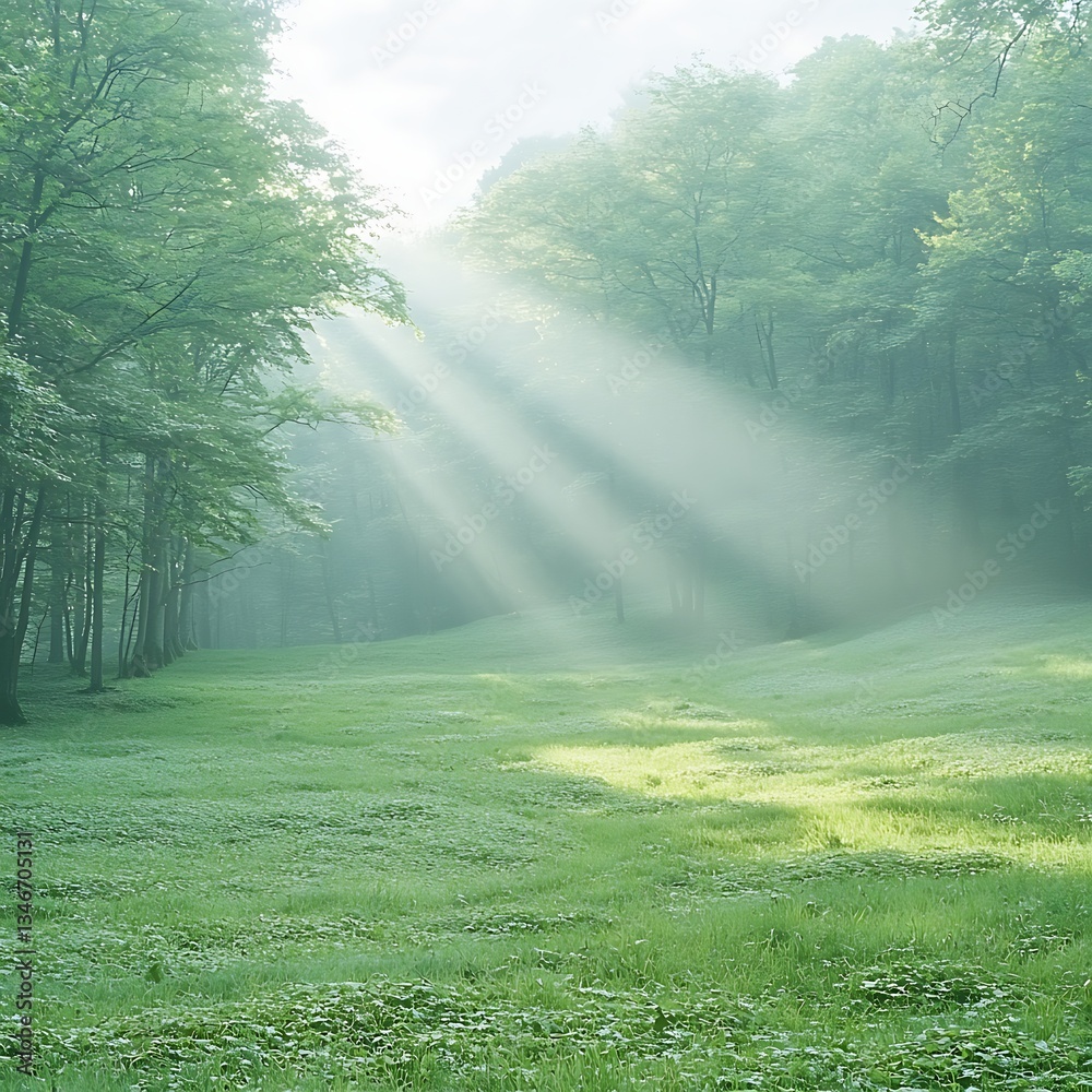 Fototapeta premium Sunbeams pierce misty morning forest glade.