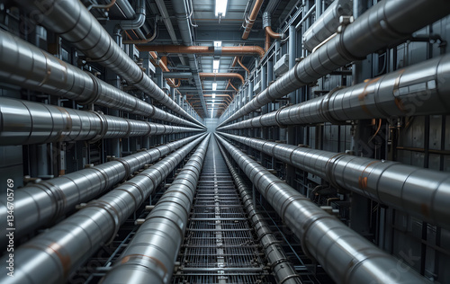 Long corridor multiple pipes running parallel to each metal