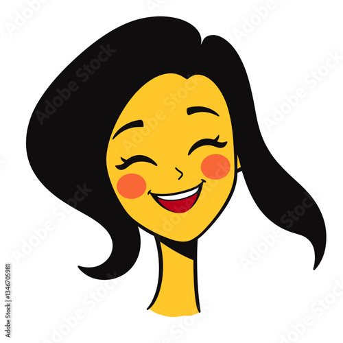 A cheerful illustration of a smiling girl with black hair and rosy cheeks.