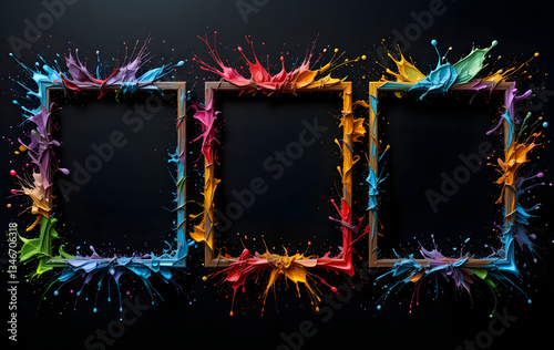 Three square frames black background are made up Vibrant splash frame set