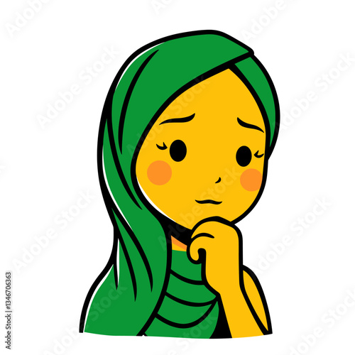 This animated figure in a green hijab appears concerned while pondering something important.
