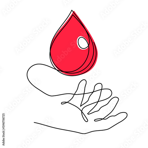 World Blood Donor Day one line art, giant droplet continuous contour drawing safe life, voluntary donation transfusion symbol human kindness, dedicated to medical charity 14 June. Editable stroke