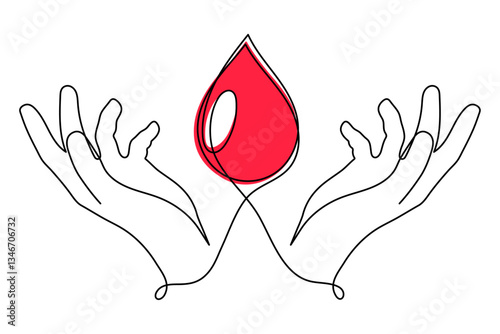 World Blood Donor Day one line art, giant droplet continuous contour drawing safe life, voluntary donation transfusion symbol human kindness, dedicated to medical charity 14 June. Editable stroke