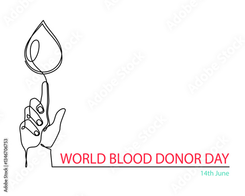 World Blood Donor Day one line art, giant droplet continuous contour drawing safe life, voluntary donation transfusion symbol human kindness, dedicated to medical charity 14 June. Editable stroke