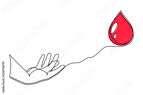World Blood Donor Day one line art, giant droplet continuous contour drawing safe life, voluntary donation transfusion symbol human kindness, dedicated to medical charity 14 June. Editable stroke