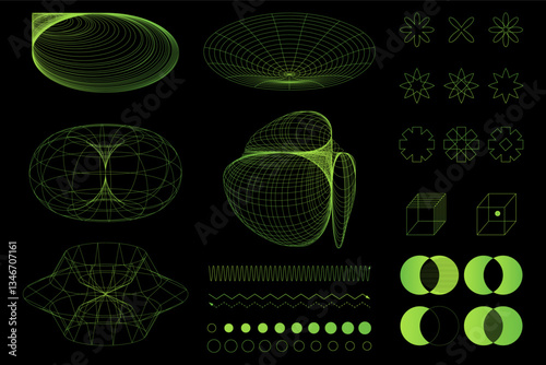Composition of abstract structures, line art illustrations in shades of green. Spheres, ellipses, stars, cubes, circles, waveforms, and complex wireframe structure. Vector design, futuristic graphics.