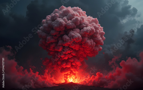Dark dramatic scene large cloud red smoke rising Explosive, crackling