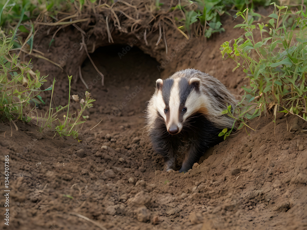 Fototapeta premium Curious Badger at the Burrow Entrance: An adorable European badger emerges from its earthen burrow, its distinct black and white markings making it stand out against the earthy surroundings.