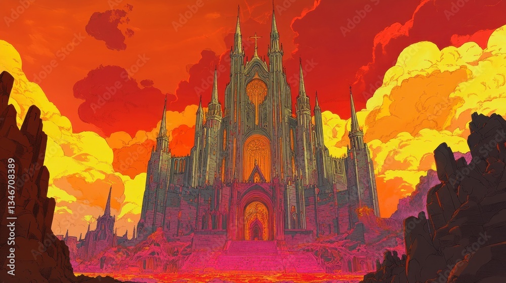 Naklejka premium Gothic castle fiery sunset landscape fantasy game art
