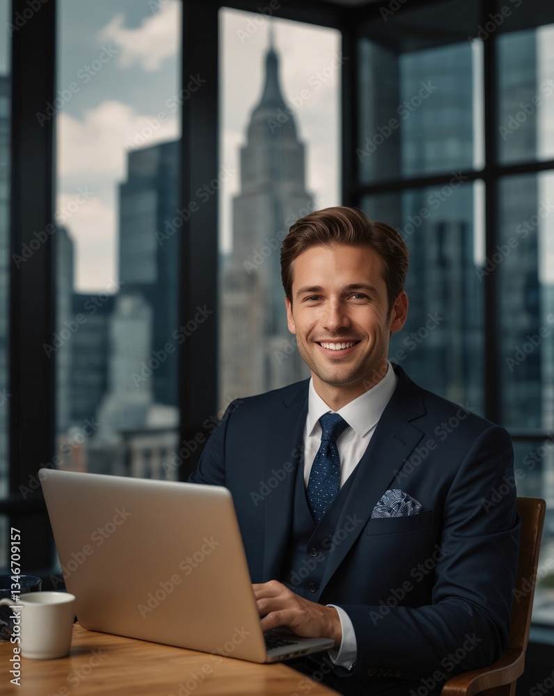 Smiling businessman wearing a suit sits at a desk indoors near windows Smiling businessman wearing a suit sits at a desk indoors near windows