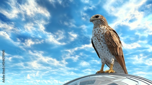 A futuristic raptor with sleek, cyber-enhanced feathers, perched on a high-tech observation tower