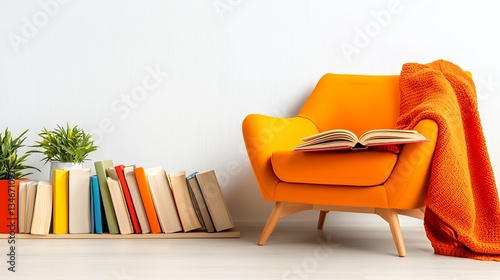 Bright Orange Armchair with Open Book and Blanket in Modern Minimalist Living Room