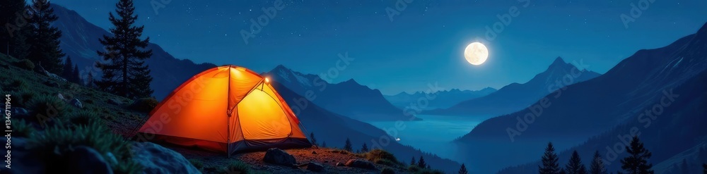 Lit up tent with stars and moon shining bright in mountains at night, tent, moon, mist