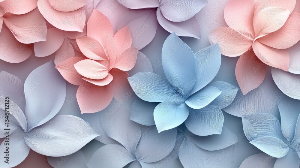 Fototapeta premium Seamless 3D floral pattern, detailed petals with embossed textures, pastel tones