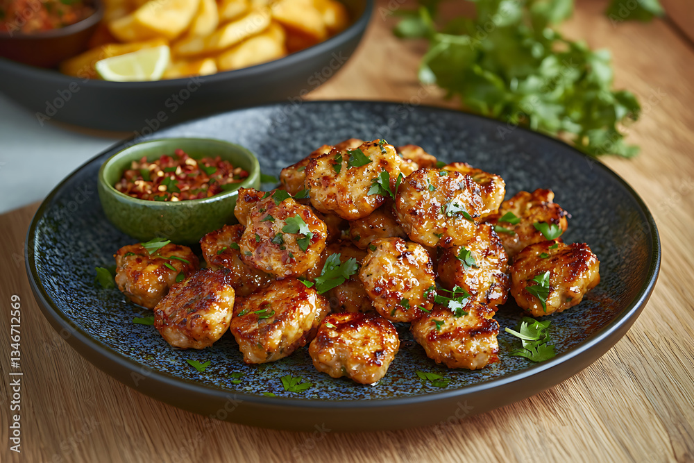 Fototapeta premium Savory golden-glazed chicken bites on a decorative plate complemented by dipping sauces and sides.