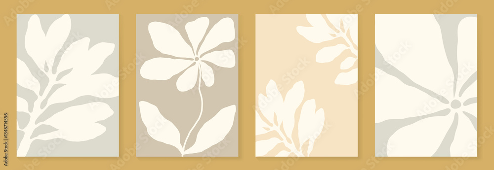 Fototapeta premium Set of abstract foliage poster vector. Leaves, flower, organic shapes, earth tone colors, leaf branch. Illustration design for Eco packaging, interior, cover, wall art, wallpaper. 