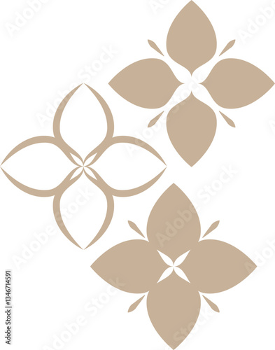 Elegant repeating beige floral pattern with symmetrical motifs on a transparent background, perfect for decorative cultural motifs.