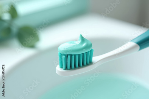 Toothbrush with a dollop of minty toothpaste rests on the sink. The fresh and clean aesthetic is enhanced by the harmonious color scheme, suggesting oral hygiene and morning routines. photo