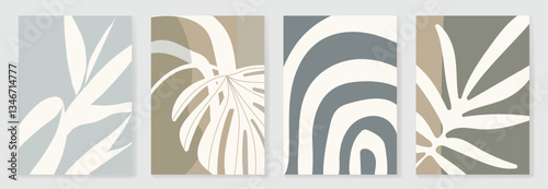 Set of abstract foliage poster vector. Leaves, flower, organic shapes, earth tone colors, leaf branch. Illustration design for Eco packaging, interior, cover, wall art, wallpaper. 