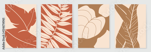 Set of abstract foliage poster vector. Leaves, flower, organic shapes, earth tone colors, leaf branch. Illustration design for Eco packaging, interior, cover, wall art, wallpaper. 
