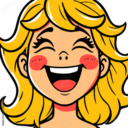 A cheerful cartoon-style illustration of a girl with a big, happy smile.