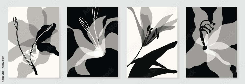 Fototapeta premium Set of abstract foliage poster vector. Leaves, flower, organic shapes, earth tone colors, leaf branch. Illustration design for Eco packaging, interior, cover, wall art, wallpaper. 