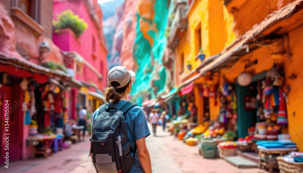 Obraz premium Vibrant Street Scene: A Traveler's Journey Through a Colorful City