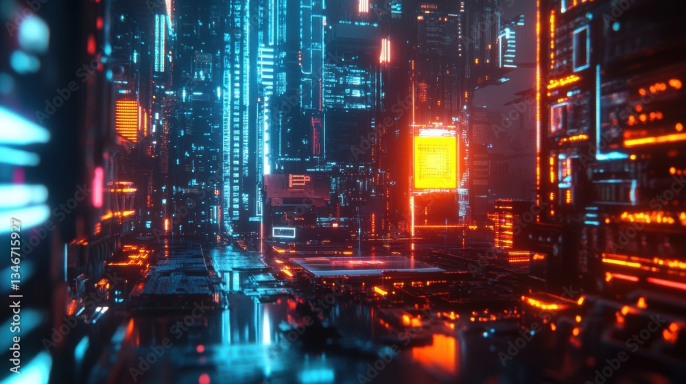 Obraz premium Neon-lit AI Processor Chip Embedded in Motherboard, U