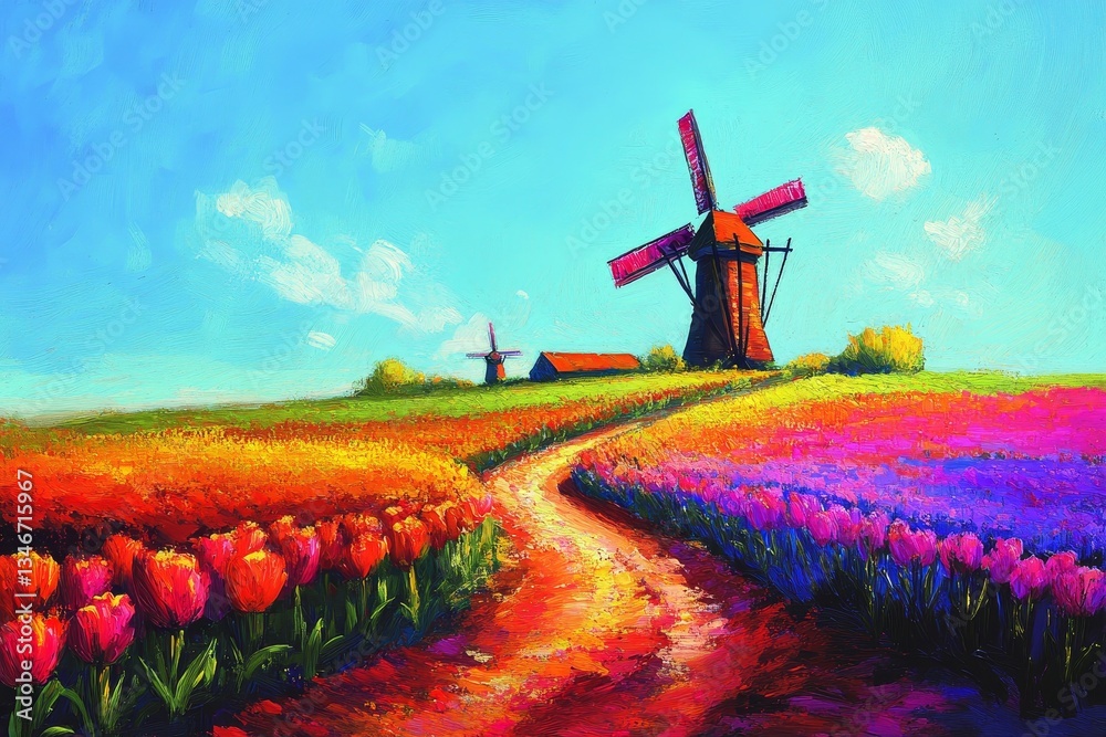 Dutch Countryside in Oil, Tulips and daffodils