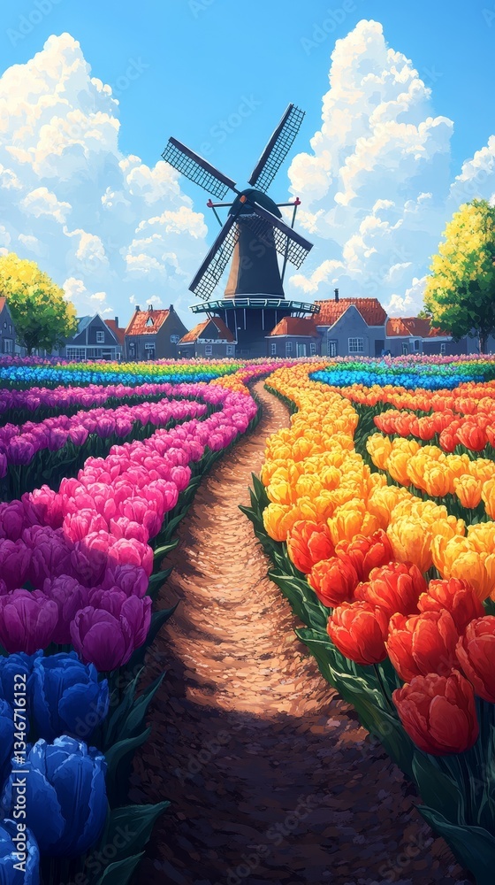 Dutch Countryside in Oil, Tulips and daffodils