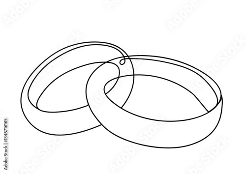 black and white one continuous line vector illustration of two wedding rings, connected wedding rings drawing isolated on white background with copy space for text