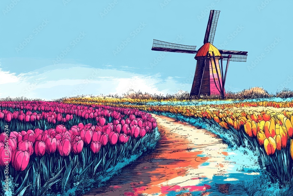 Dutch Countryside in Oil, Tulips and daffodils