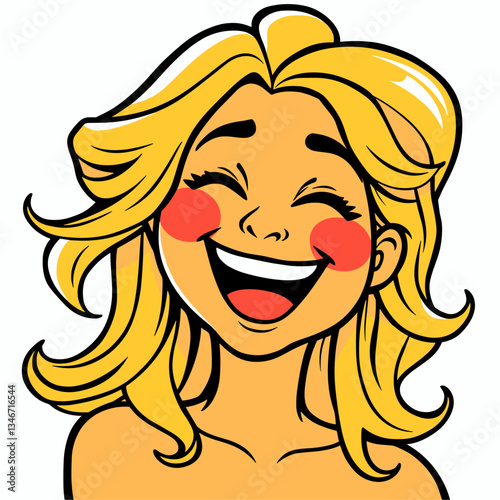 A joyful illustration of a blonde-haired girl laughing with happiness.