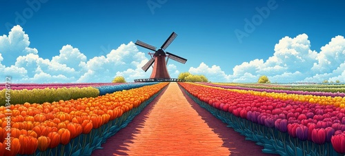 Obraz na płótnie Dutch Countryside in Oil, Tulips and daffodils w salonie
