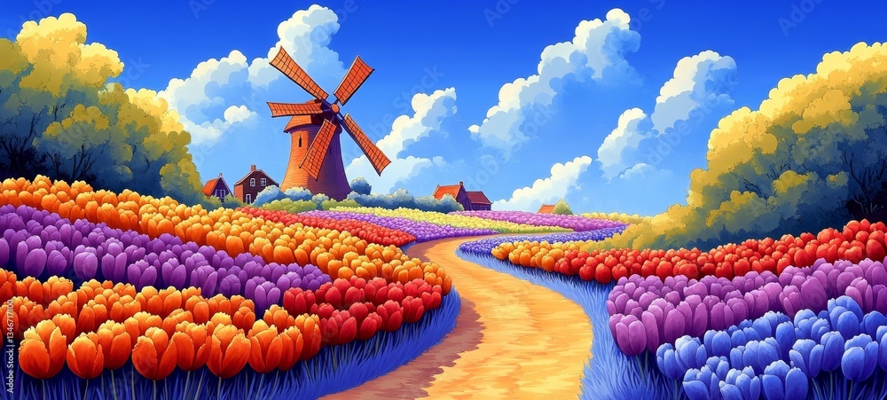 Dutch Countryside in Oil, Tulips and daffodils