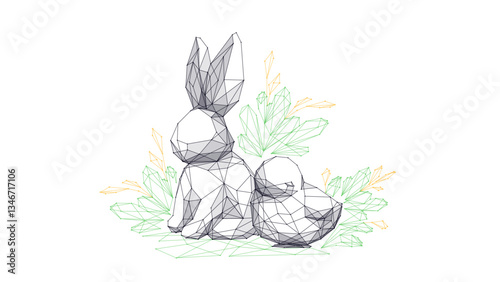 Abstract polygonal Easter rabbit and chicken in grass and flowers. Low poly wireframe Easter Bunny. Tech hare and chick isolated on white technology background. Digital vector illustration