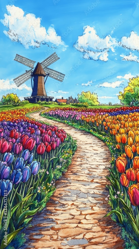 Dutch Countryside in Oil, Tulips and daffodils
