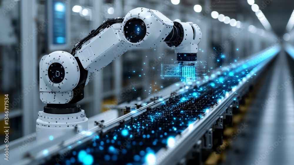 A white robotic arm operates on an advanced assembly line, showcasing the dynamic integration of technology and manufacturing processes. A white robotic arm operates on an advanced assembly line, showcasing the dynamic integration of technology and manufacturing processes.