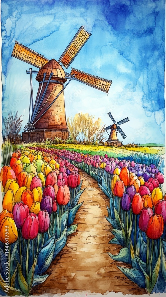 Dutch Countryside in Oil, Tulips and daffodils