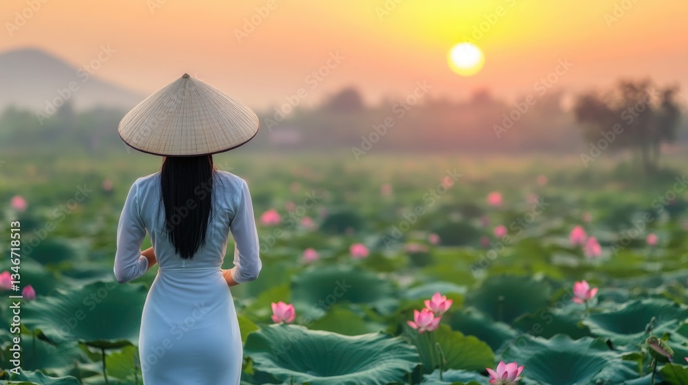 Fototapeta premium Sunrise Serenity: A woman in traditional Vietnamese attire gazes serenely upon a blooming lotus field at dawn, with the golden sun casting a warm, ethereal glow over the tranquil landscape.