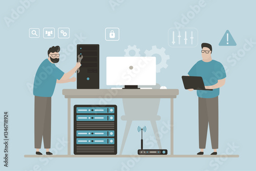 Technical support team working on repairing computer hardware, server or software. Troubleshooting, fixing problems, problem checking.