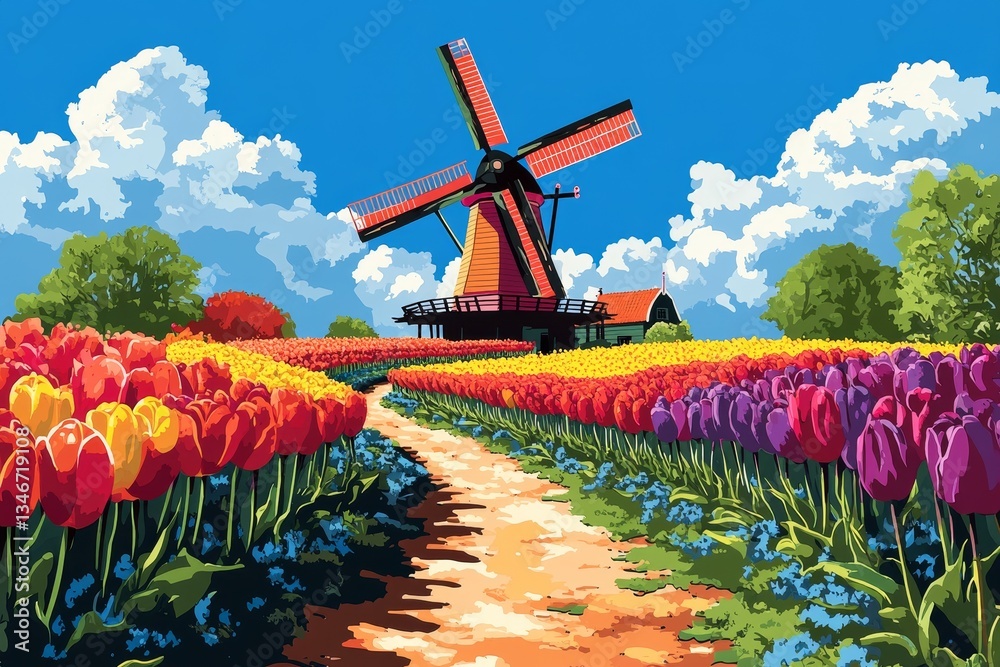 Dutch Countryside in Oil, Tulips and daffodils