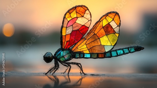 Colorful dragonfly stained glass art