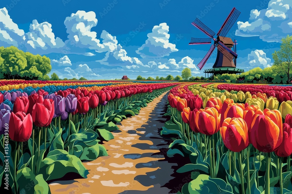 Dutch Countryside in Oil, Tulips and daffodils