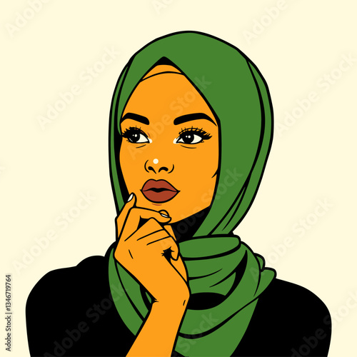 A stylish cartoon-style illustration of a woman in a green hijab, deep in thought.