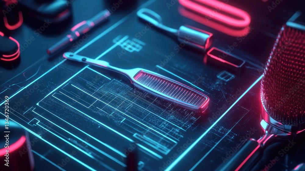 Futuristic comb on digital blueprint, neon studio Futuristic comb on digital blueprint, neon studio