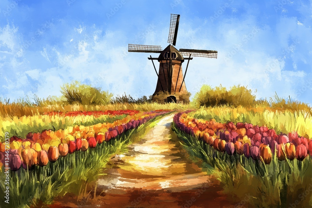 Dutch Countryside in Oil, Tulips and daffodils