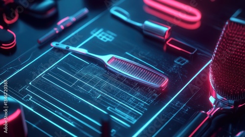 Futuristic comb on digital blueprint, neon studio