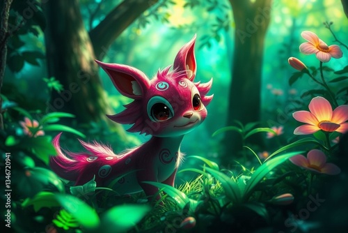 Cute pink creature in a vibrant forest surrounded by flowers and greenery